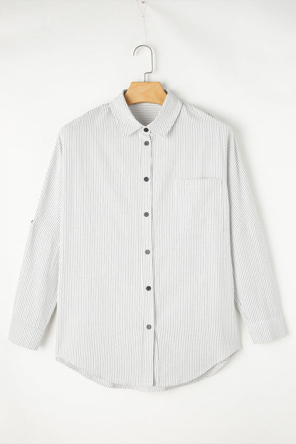 Pocketed Striped Collared Neck Long Sleeve Shirt - Shirts - FITGGINS