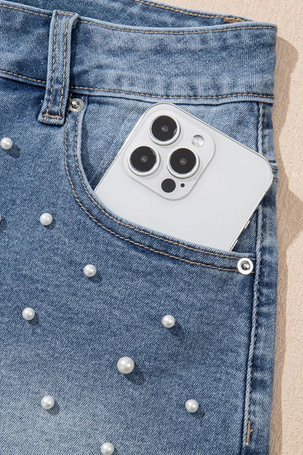 Pearl Beaded Raw Hem Wash Denim Shorts Fitggins