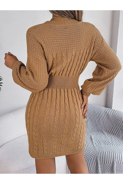 Cable-Knit Cutout Round Neck Slit Sweater Dress - Sweater Dresses - FITGGINS