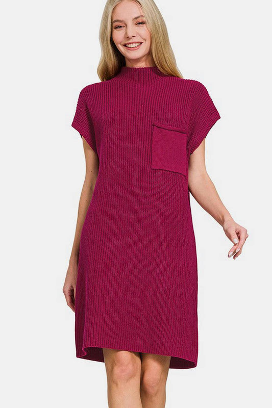 Zenana Mock Neck Short Sleeve Sweater Dress - Sweater Dresses - FITGGINS