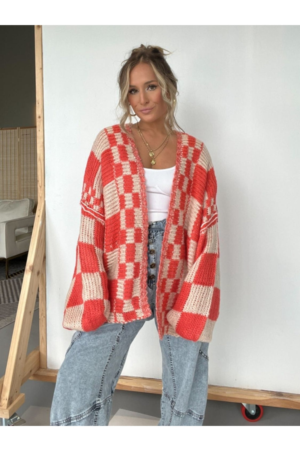 Plaid Open Front Long Sleeve Cardigan - Cardigans - FITGGINS