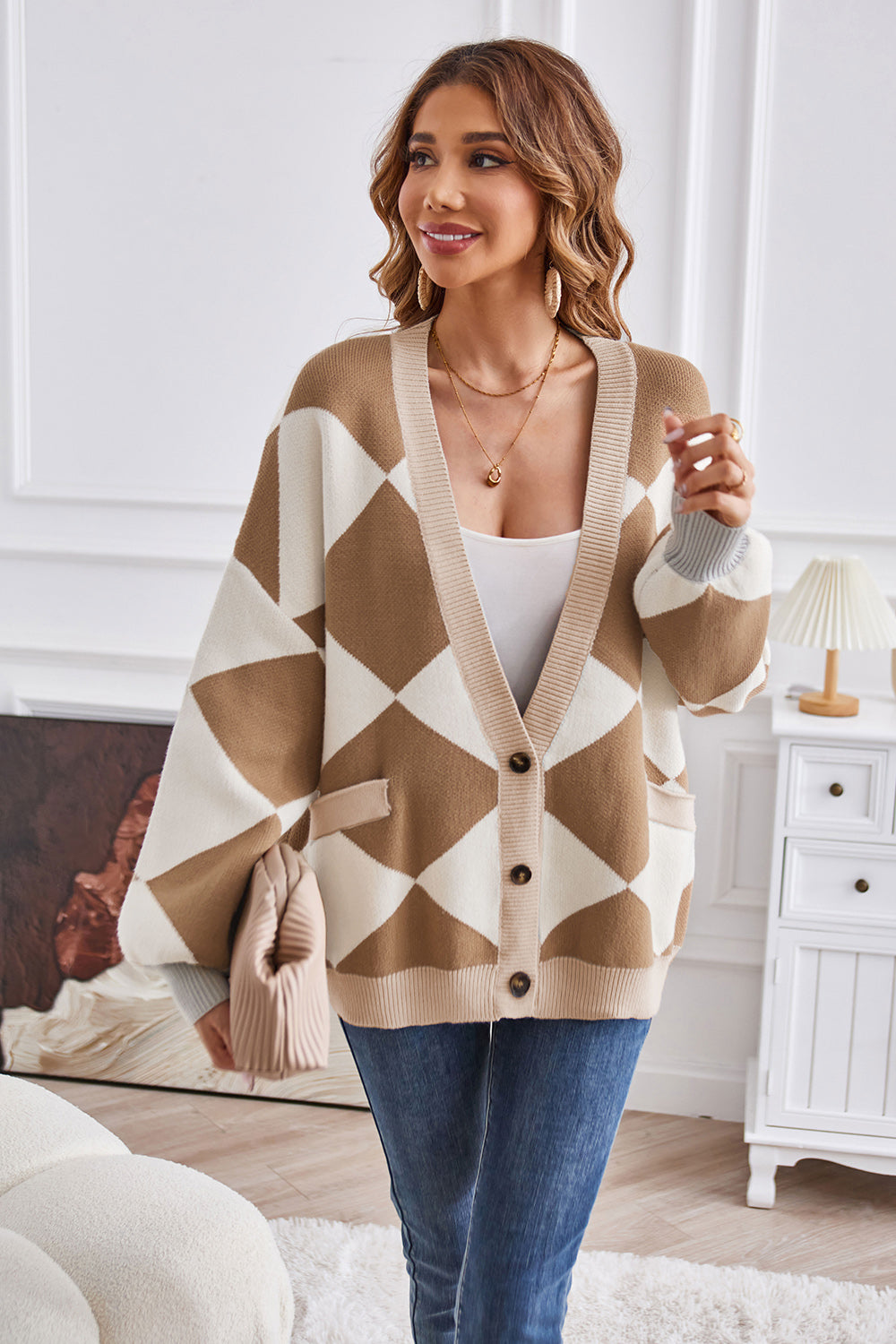 Geometric Lantern Sleeve Cardigan with Pockets Fitggins