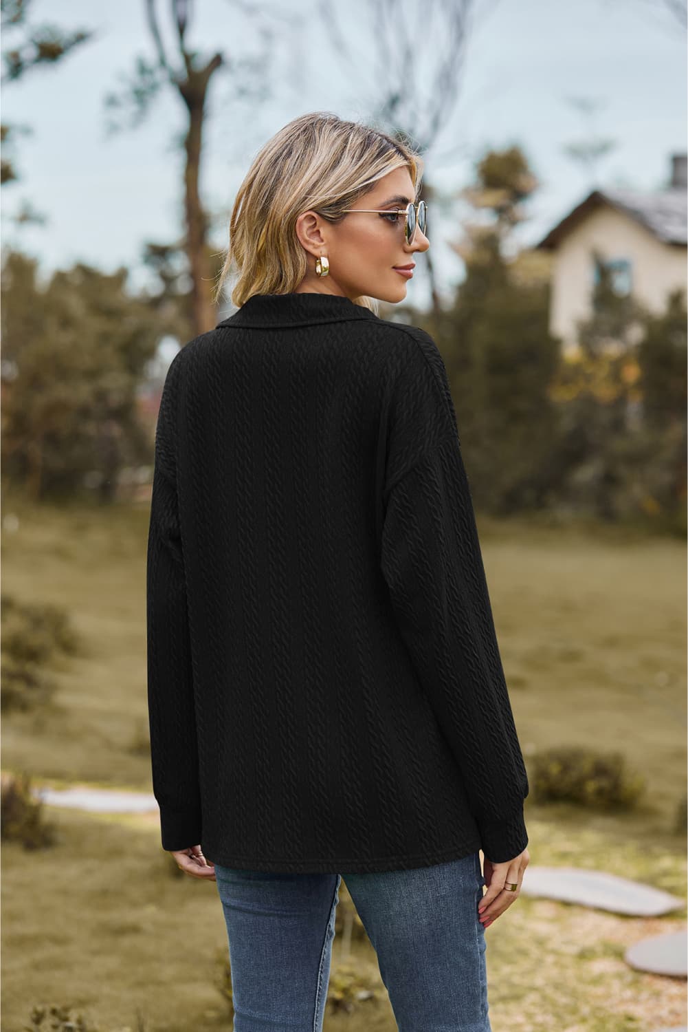 Collared Neck Cable-Knit Long Sleeve Blouse Fitggins
