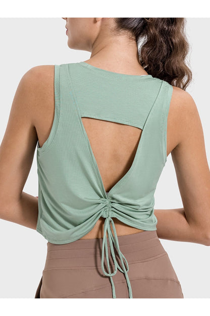 Millennia Drawstring Cutout Round Neck Active Tank - Crop Tops & Tank Tops - FITGGINS