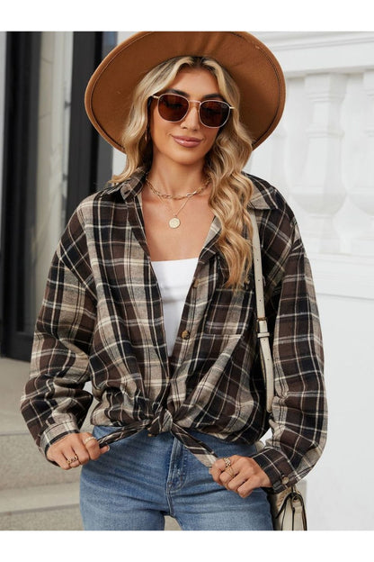 Plaid Collared Neck Long Sleeve Shirt - Shirts - FITGGINS