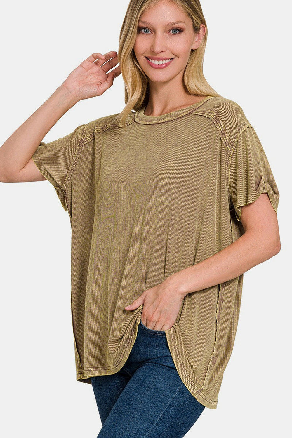 Zenana Washed Ribbed Short Sleeve Top - Shirts - FITGGINS