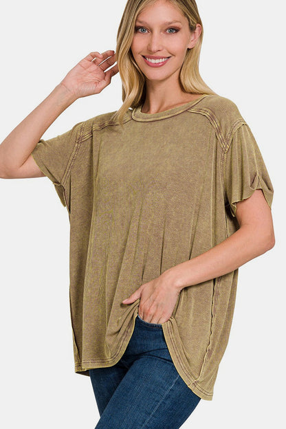 Zenana Washed Ribbed Short Sleeve Top - Shirts - FITGGINS