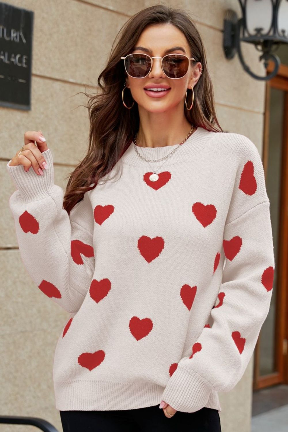 Woven Right Heart Pattern Lantern Sleeve Round Neck Tunic Sweater - Pullover Sweaters - FITGGINS