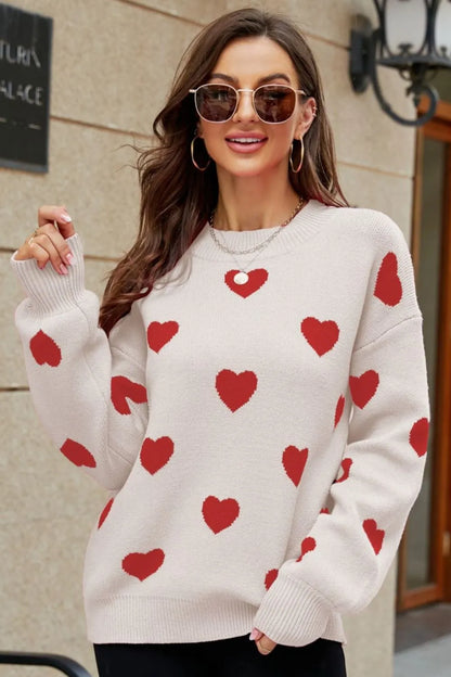 Woven Right Heart Pattern Lantern Sleeve Round Neck Tunic Sweater Beige Red Fitggins