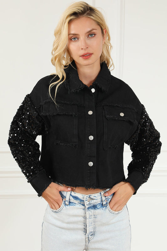 Sequin Button Up Raw Hem Denim Jacket - Denim Jackets - FITGGINS