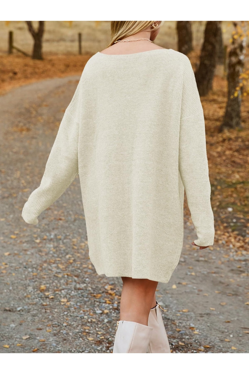 V-Neck Dropped Shoulder Sweater Dress - Sweater Dresses - FITGGINS