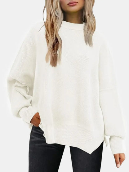 Round Neck Drop Shoulder Slit Sweater White Fitggins