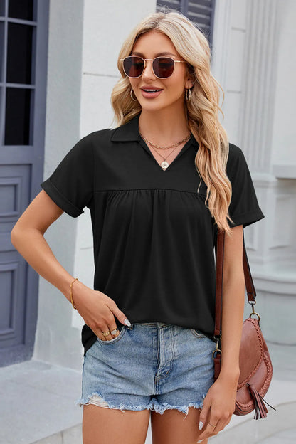 Ruched Johnny-Collar Short-Sleeve Blouse Fitggins