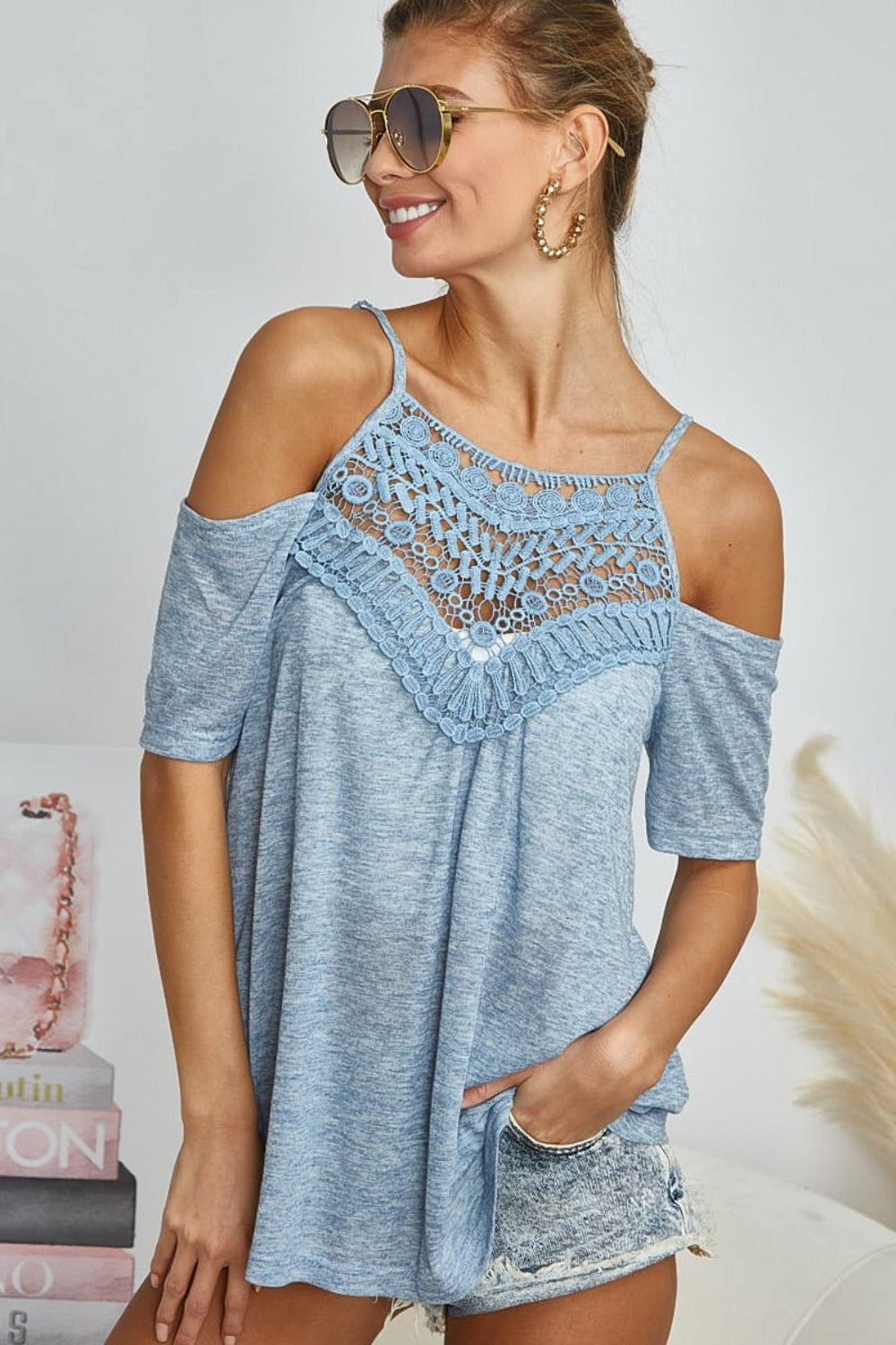 BiBi Front Crochet Lace Adjustable Strap Top - Shirts - FITGGINS