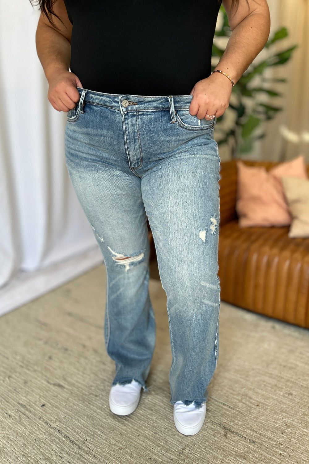 Judy Blue Full Size Medium Rise Tummy Control Destroy Flare - Jeans - FITGGINS