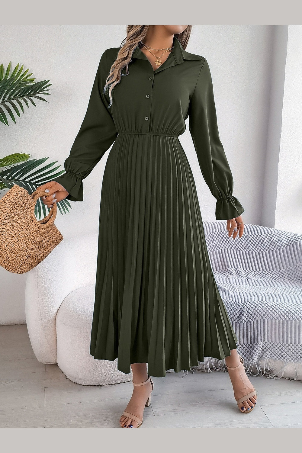 Pleated Half Button Long Sleeve Midi Dress - Casual & Maxi Dresses - FITGGINS