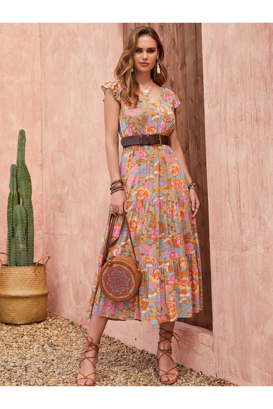 Ruffled Printed V-Neck Cap Sleeve Tiered Dress - Casual & Maxi Dresses - FITGGINS