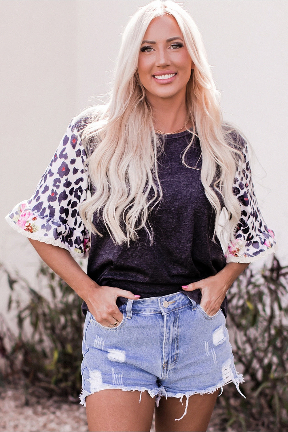 Leopard Flounce Sleeve Round Neck Top - Blouses - FITGGINS