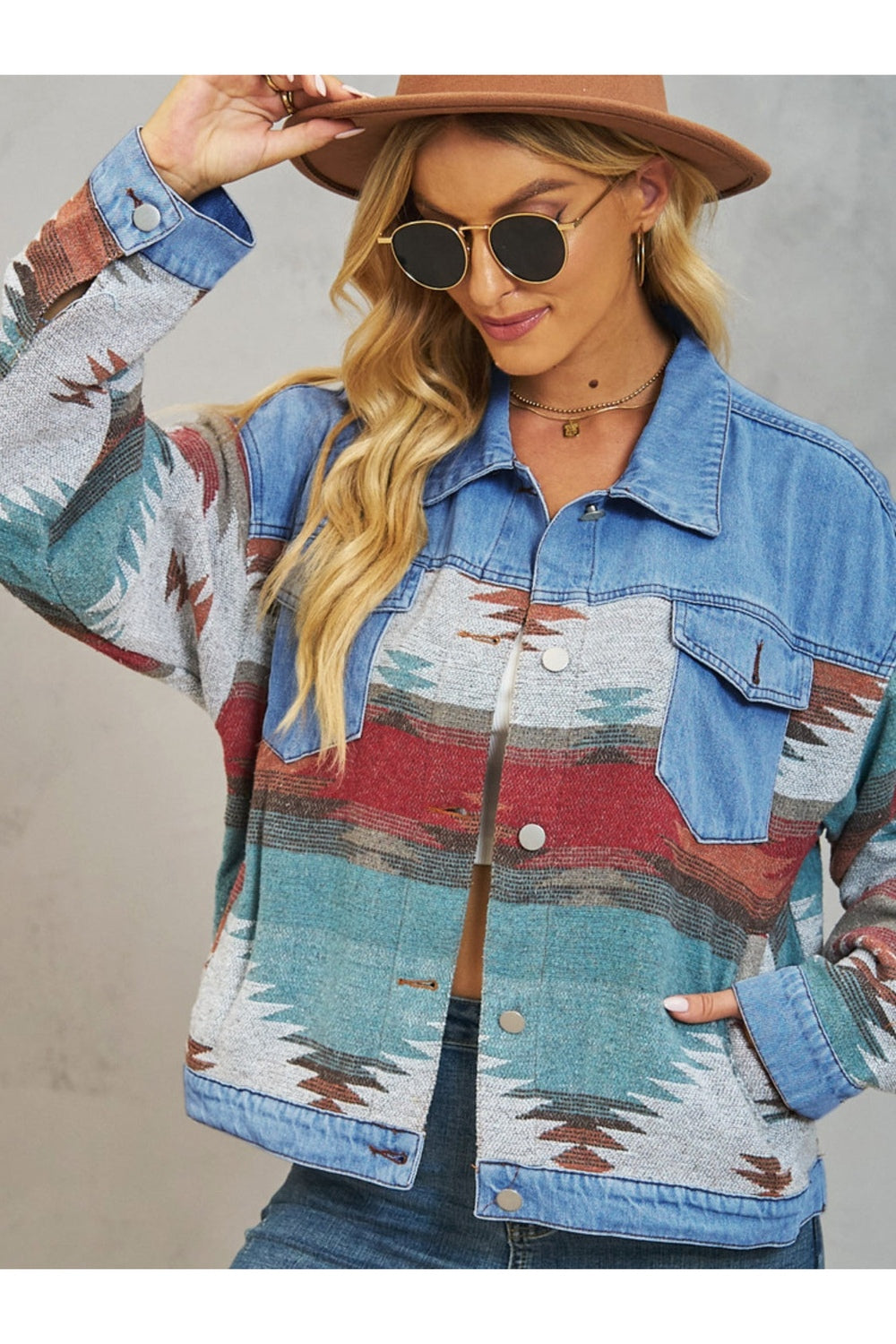 Geometric Button Up Dropped Shoulder Denim Jacket - Denim Jackets - FITGGINS