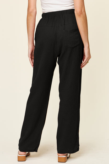 Double Take Full Size Texture Drawstring Straight Pants - Pants - FITGGINS