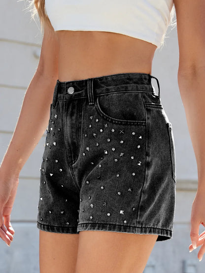 Rhinestone Washed High Waist Denim Shorts Fitggins