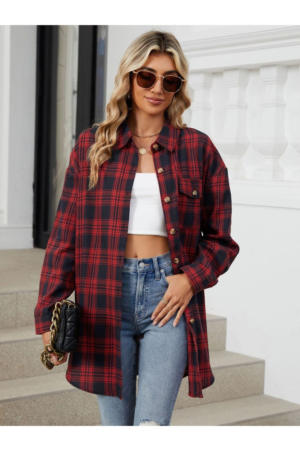 Plaid Collared Neck Long Sleeve Shirt - Shirts - FITGGINS