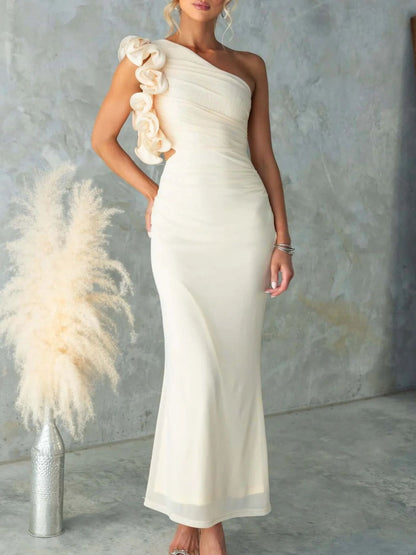 One-Shoulder Floral Trim Sleeveless Maxi Dress Fitggins