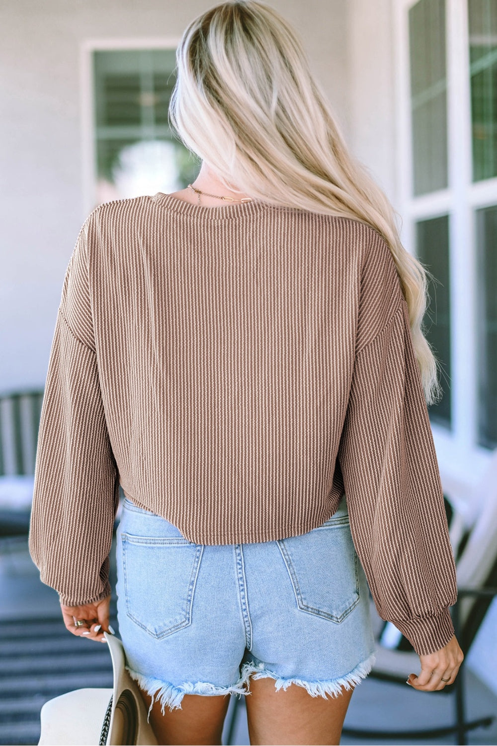 Round Neck Drop Shoulder Long Sleeve Top - Blouses - FITGGINS