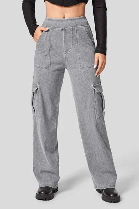 High Waist Straight Leg Cargo Jeans Gray Fitggins