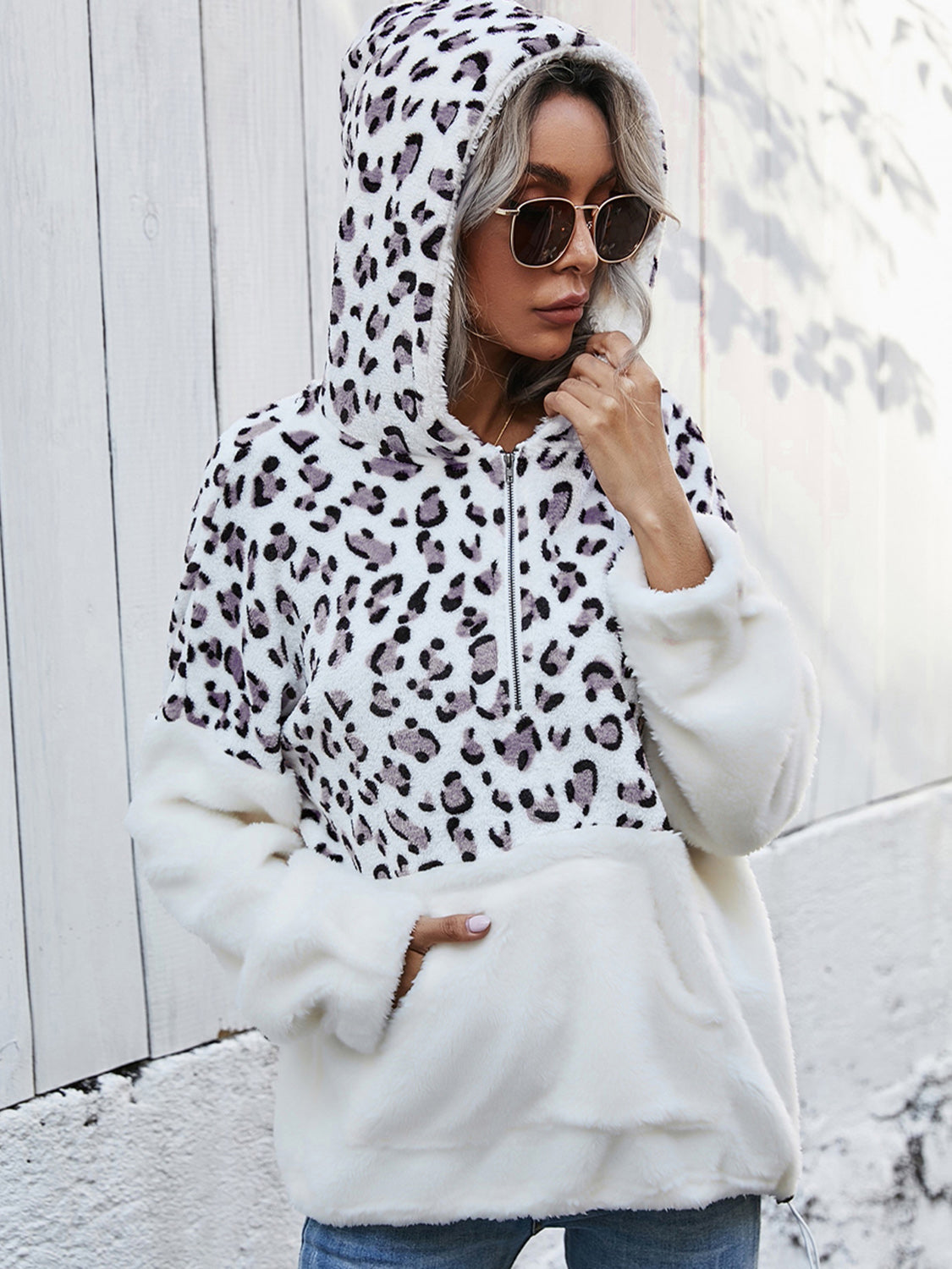Shiny Leopard Half-Zip Dropped Shoulder Hoodie Gray Fitggins