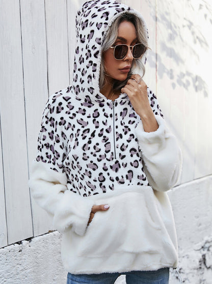 Shiny Leopard Half-Zip Dropped Shoulder Hoodie Gray Fitggins