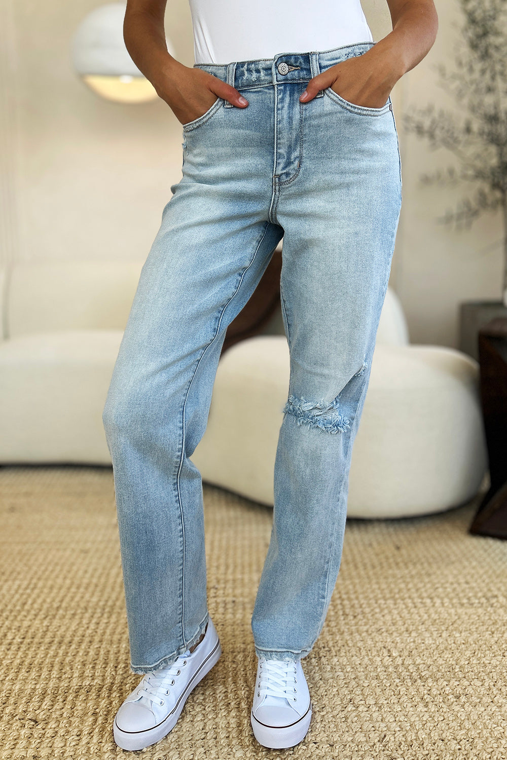 Judy Blue Full Size High Waist Distressed Straight Jeans - Jeans - FITGGINS