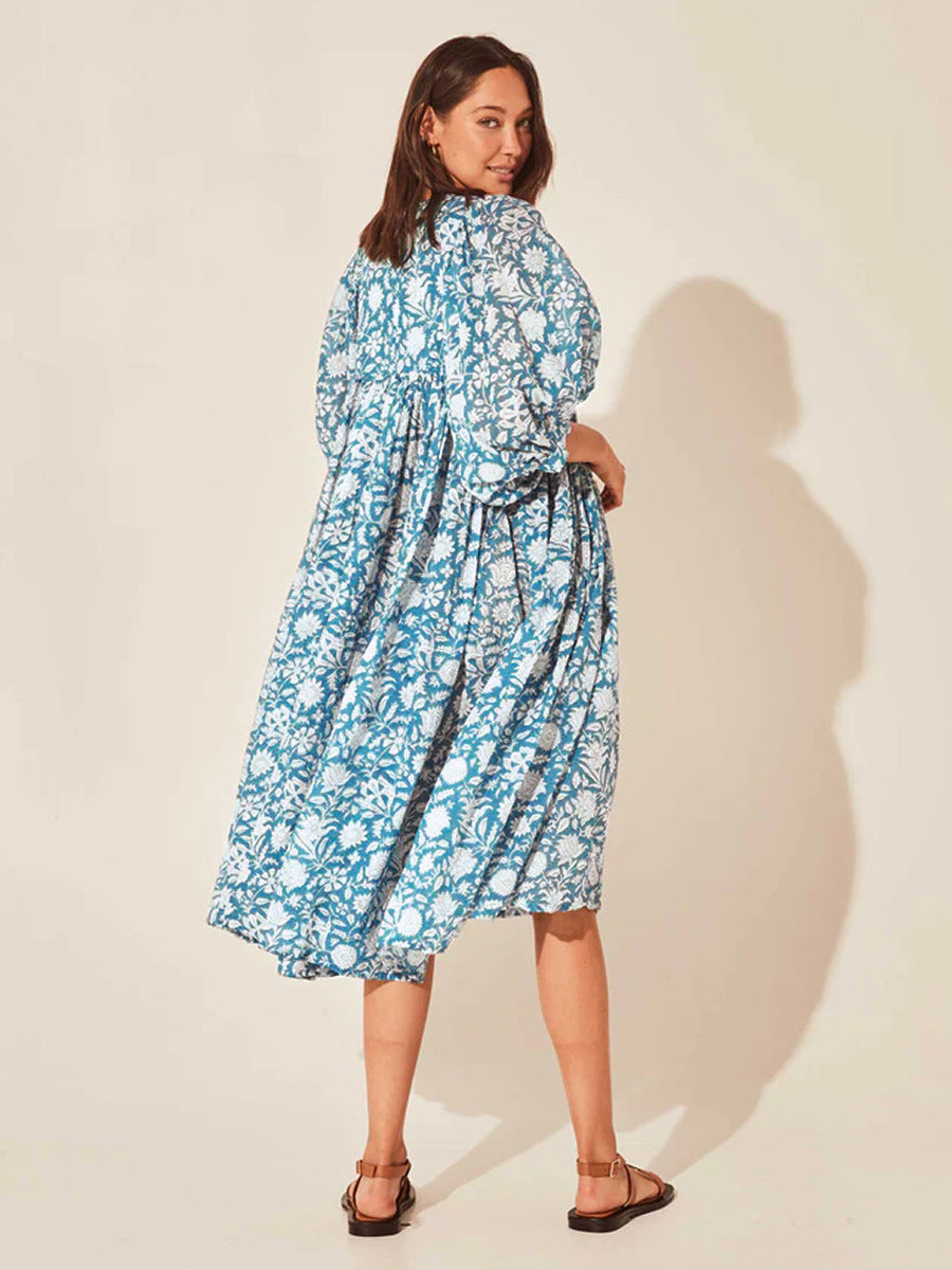 Floral Tie Neck Lantern Sleeve Dress Fitggins