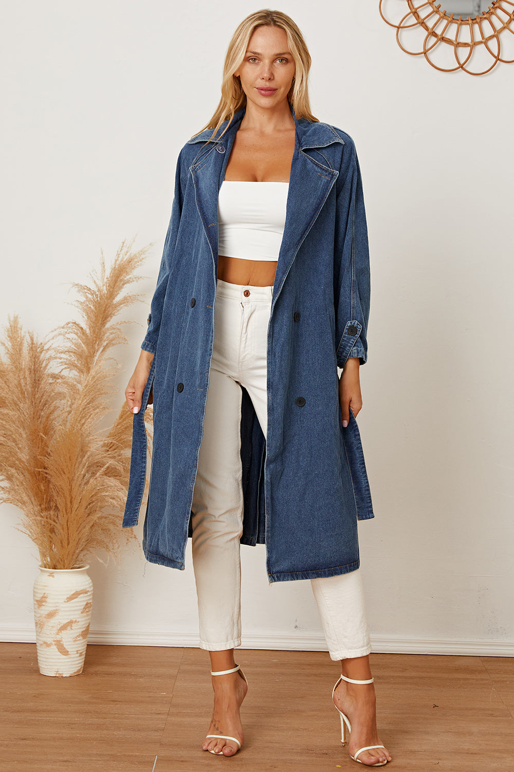 Double-Breasted Belted Longline Denim Jacket - Denim Jackets - FITGGINS