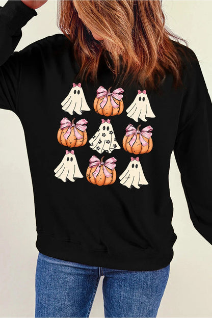 Pumpkin & Ghost Round Neck Long Sleeve Sweatshirt - Sweatshirts & Hoodies - FITGGINS