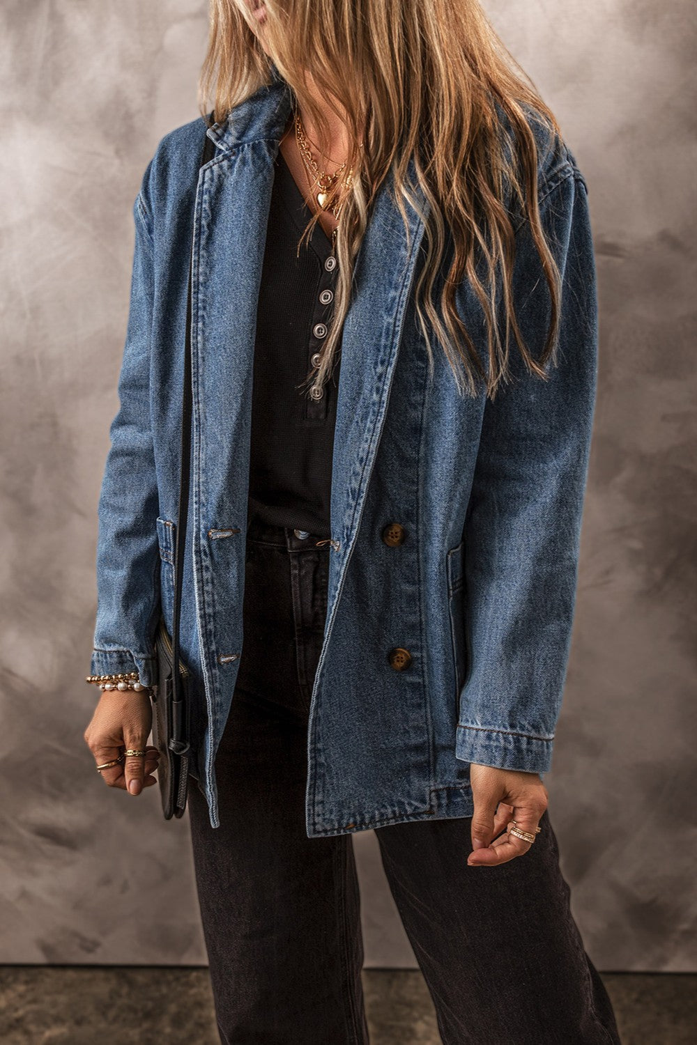 Pocketed Long Sleeve Denim Jacket - Denim Jackets - FITGGINS