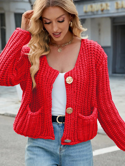 Round Neck Button Up Cardigan with Pockets Fitggins