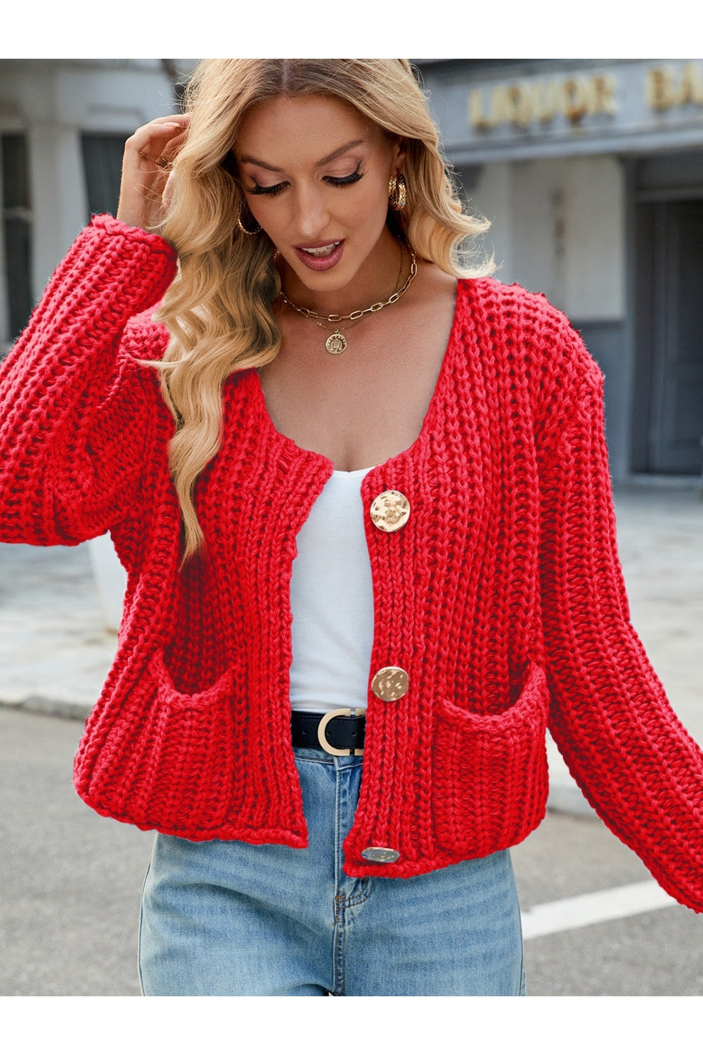 Round Neck Button Up Cardigan with Pockets - Cardigans - FITGGINS