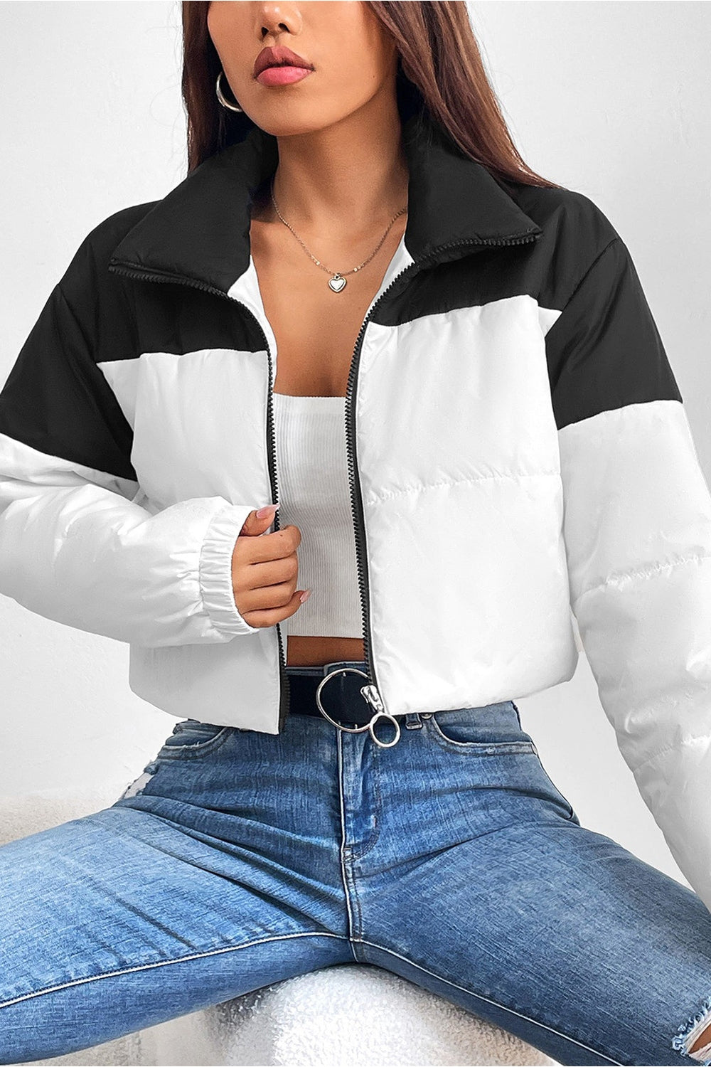 Collared Neck Color Block Puffer Jacket - Jackets - FITGGINS