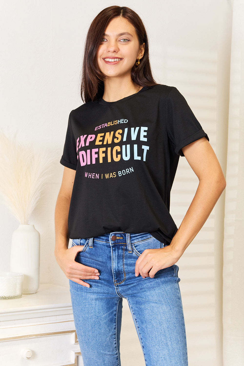 Simply Love Slogan Graphic Cuffed Sleeve T-Shirt - T-Shirts - FITGGINS