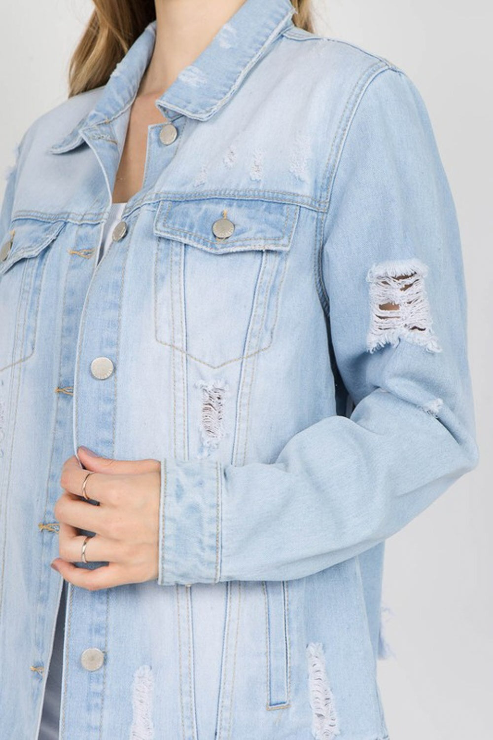 American Bazi Letter Patched Distressed Denim Jacket - Denim Jackets - FITGGINS