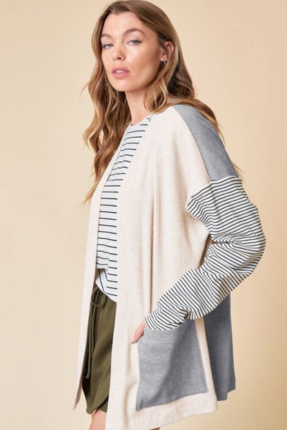 Open Front Long Sleeve Striped Cardigan with Pockets - Cardigans - FITGGINS