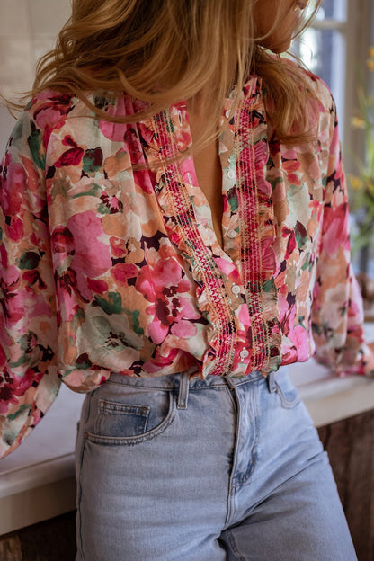 Frill Floral Long Sleeve Button Down Shirt Pink Fitggins