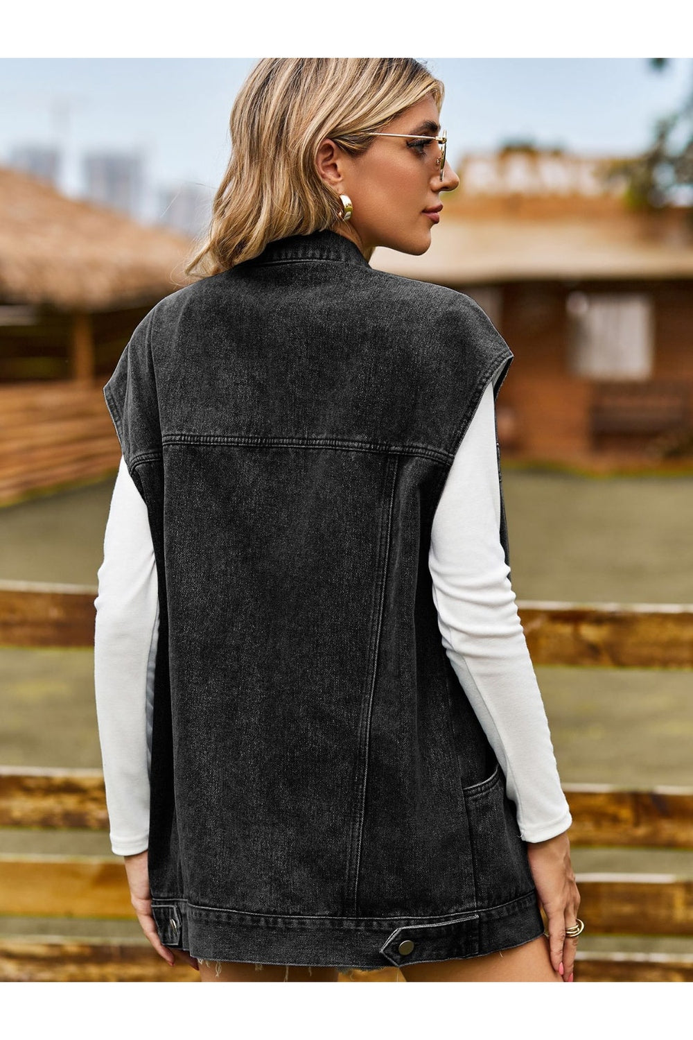 Button Up Collared Neck Sleeveless Denim Jacket - Denim Jackets - FITGGINS