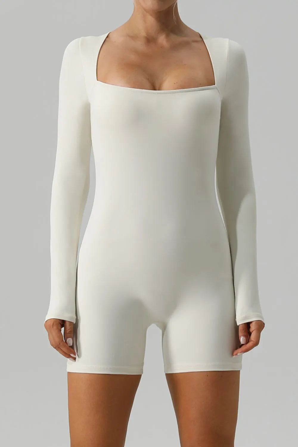 Square Neck Long Sleeve Active Romper Ivory Fitggins