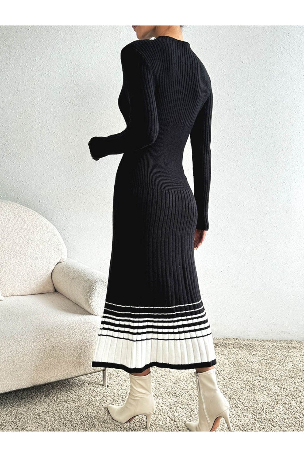 Contrast Mock Neck Long Sleeve Sweater Dress - Sweater Dresses - FITGGINS