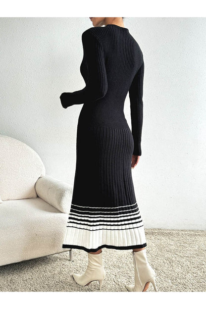 Contrast Mock Neck Long Sleeve Sweater Dress - Sweater Dresses - FITGGINS