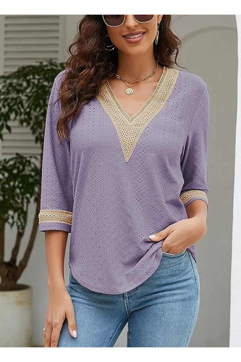 V-Neck Eyelet Blouse - Blouses - FITGGINS