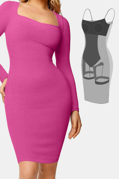 Basic Bae Full Size Built-In Shapewear Square Neck Long Sleeve Dress Fuchsia Pink Fitggins