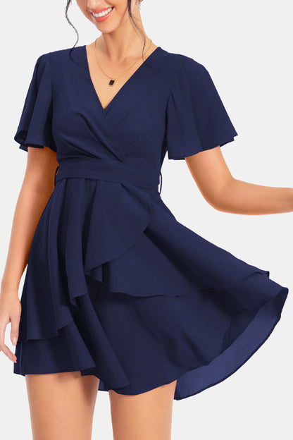 Surplice Neck Flutter Sleeve Dress - Casual & Maxi Dresses - FITGGINS